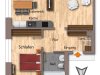 Grundriss unserer neuen Suiten Es gibt einen Grundriss, der verschiedene Räume in einer Wohnung zeigt. Zu sehen sind Küche, Wohnzimmer und Schlafzimmer.
