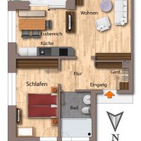 Grundriss unserer neuen Suiten Es gibt einen Grundriss, der verschiedene Räume in einer Wohnung zeigt. Zu sehen sind Küche, Wohnzimmer und Schlafzimmer.