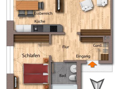 Es gibt einen Grundriss, der verschiedene Räume in einer Wohnung zeigt. Zu sehen sind Küche, Wohnzimmer und Schlafzimmer.