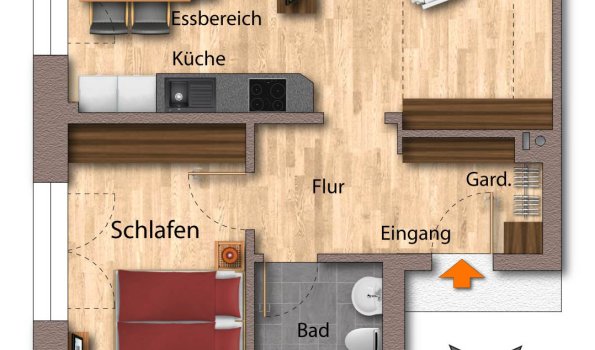 Es gibt einen Grundriss, der verschiedene Räume in einer Wohnung zeigt. Zu sehen sind Küche, Wohnzimmer und Schlafzimmer.