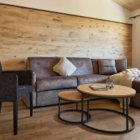 Moderne Wohnung mit Sitzbereich in den Alpen In dieser Wohnung gibt es einen Sitzbereich mit Sofa und Stuhl. Der Raum hat Holzwände und einen großen Fensterblick.
