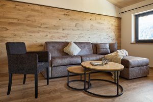Moderne Wohnung mit Sitzbereich in den Alpen In dieser Wohnung gibt es einen Sitzbereich mit Sofa und Stuhl. Der Raum hat Holzwände und einen großen Fensterblick.