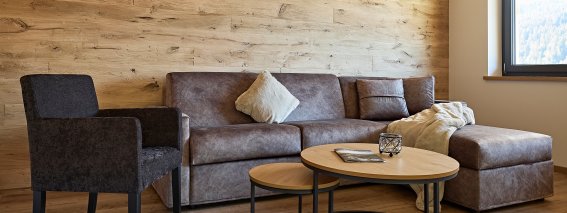 Moderne Wohnung mit Sitzbereich in den Alpen In dieser Wohnung gibt es einen Sitzbereich mit Sofa und Stuhl. Der Raum hat Holzwände und einen großen Fensterblick.