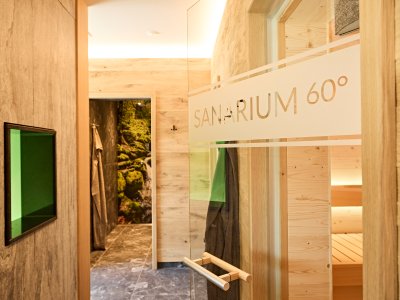 Der Eingang zum Sanarium zeigt eine Glastür und eine Holzverkleidung. Es ist ein Wellnessbereich in einem Spa.