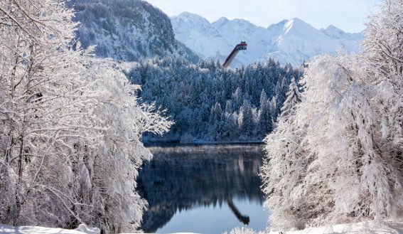 Winterlicher Freibergsee mit Blick auf die Skiflugschanze