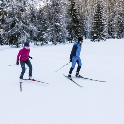 Zwei Personen skifahren im verschneiten Wald. Die Sonne scheint auf die weißen Pisten und die Bäume.