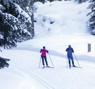 Zwei Skifahrer gleiten im verschneiten Wald zwischen hohen Bäumen und genießen die ruhige Winterlandschaft.