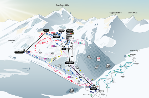 Diese Karte zeigt das Skigebiet Splügen-Tambo. Es gibt verschiedene Pisten und Lifte.