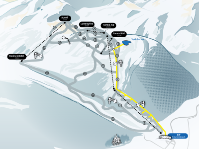 Die Karte Zeigt den Ausbau der Beschneiungsinfrastruktur im Skigebiet Splügen-Tambo. Die erste Etappe ist gelb eingezeichnet.