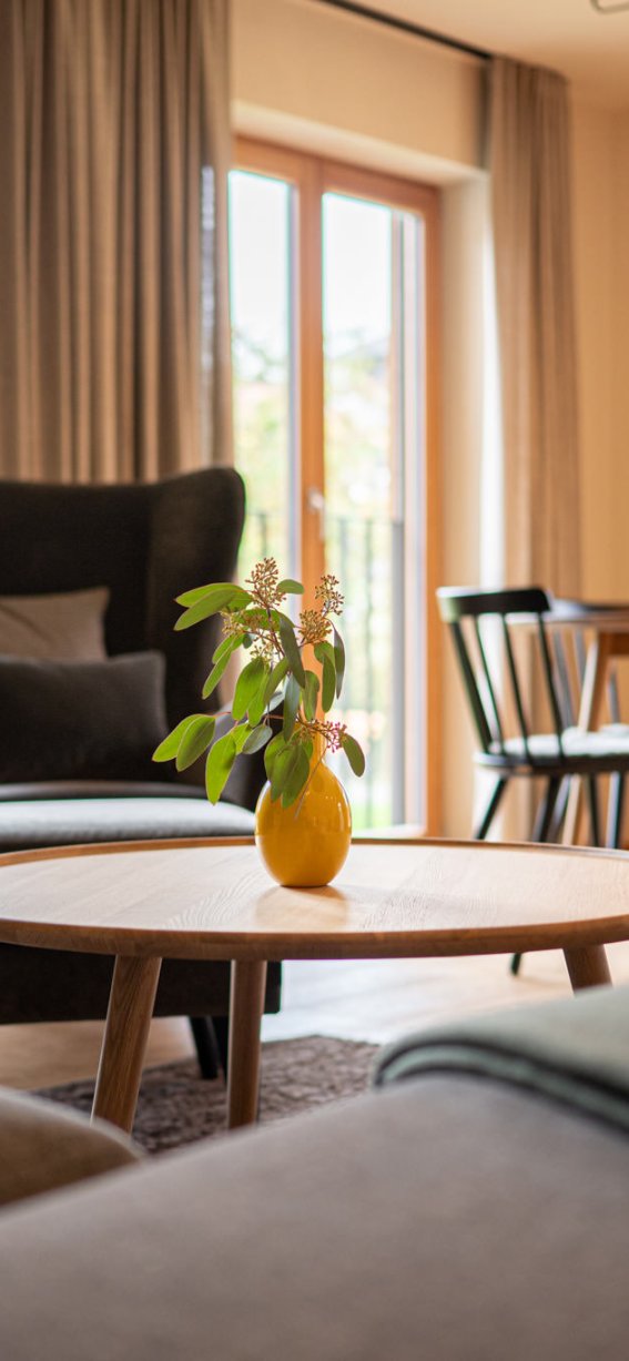 In einem stilvollen Raum stehen ein Tisch und Stühle. Ein Pflanze auf dem Tisch bringt Leben in die helle Umgebung.