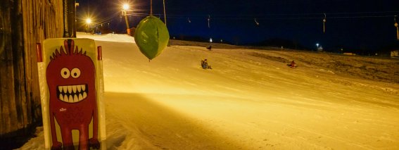 In der Dunkelheit genießen Kinder das Rodeln auf einer beleuchteten Piste. Die Atmosphäre ist fröhlich und lebhaft.