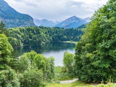 Freibergsee im Hintergrund die Skiflugschanze