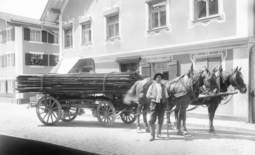 960 Pferdewagen Holztransport, evtl. Geschäft Glaser, Sonthofen