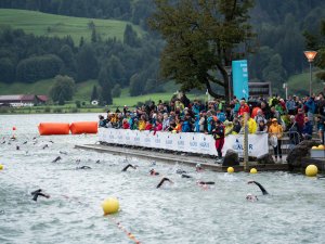 Beim Allgäuer Triathlon müssen die Triathleten die Disziplinen Schwimmen, Radfahren und Laufen überwinden.