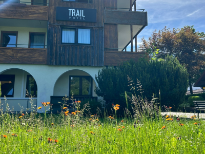 Wunderschöne Blumenwiese vor dem Trail Hotel im Allgäu
