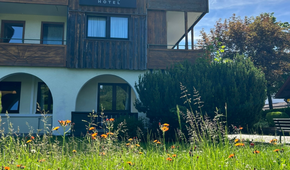 Wunderschöne Blumenwiese vor dem Trail Hotel im Allgäu