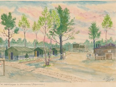 „P.W. Waldlager b. Varennes. (Argonnen.)“, 1945 (P.W. = Prisoners of War/Kriegsgefangene)
