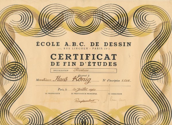 Zertifikat für Hans König von der Ecole A.B.C. De Dessin, 1962