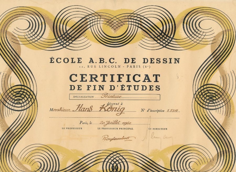 Zertifikat für Hans König von der Ecole A.B.C. De Dessin, 1962
