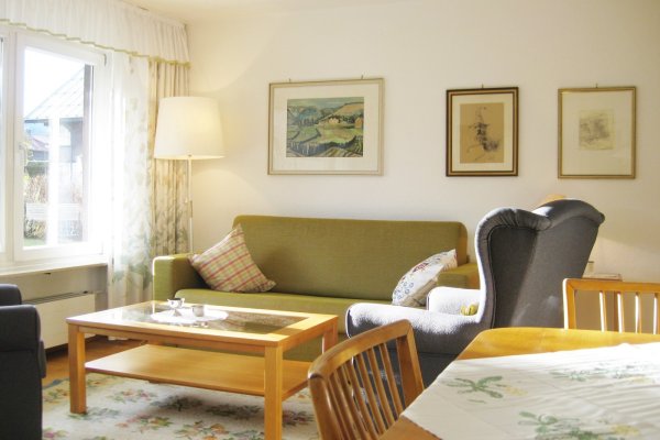 Ein Wohnzimmer mit einem grünen Sofa, einem Tisch und Bildern an der Wand. Das Licht kommt durch ein Fenster.