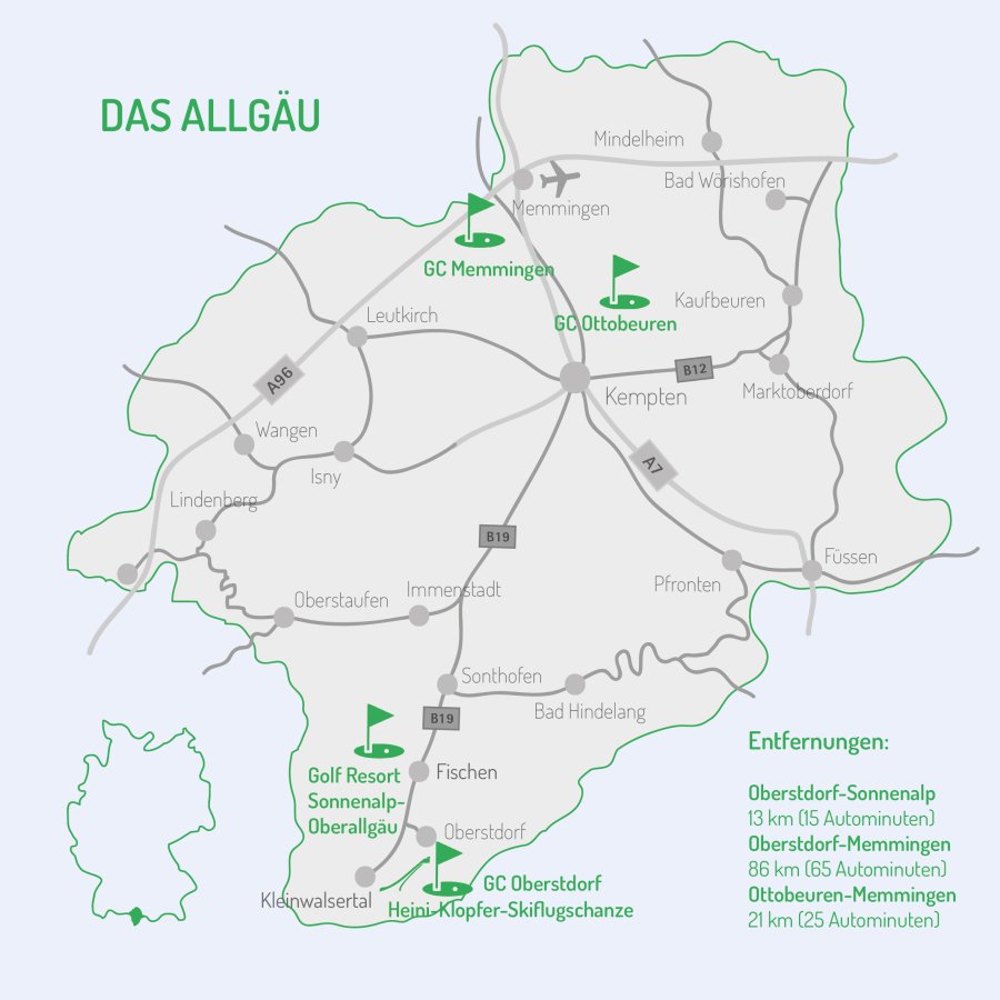 Vierplätzetournee 2026 - Golfkarte Allgäu alle Plätze blau Homepage Unterkünfte