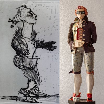 Bildmotiv „Mozart“: links Radierung von Markus Lüpertz, Sammlung Tauscher – Foto Winfried Egger, rechts Skulptur von Lucie Sommer-Leix – Foto Peggy Uhlich