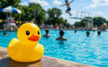 Eine Gummi-Ente steht am Rand des Schwimmbeckens. Kinder schwimmen und tauchen im Wasser.