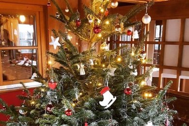 Eine weihnachtliche Atmosphäre in der Wannenkopfhütte Der liebevoll geschmückte Weihnachtsbaum in der Wannenkopfhütte in Oberstdorf im Allgäu strahlt und glänzt jedem Hüttengast entgegen und sorgt so für die ultimative Weihnachtsstimmung.