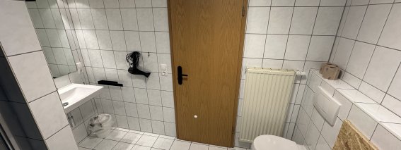 Das Badezimmer zeigt eine Dusche, eine Toilette und einen Spiegel. Es gibt weiße Fliesen und eine Holzdekoration.