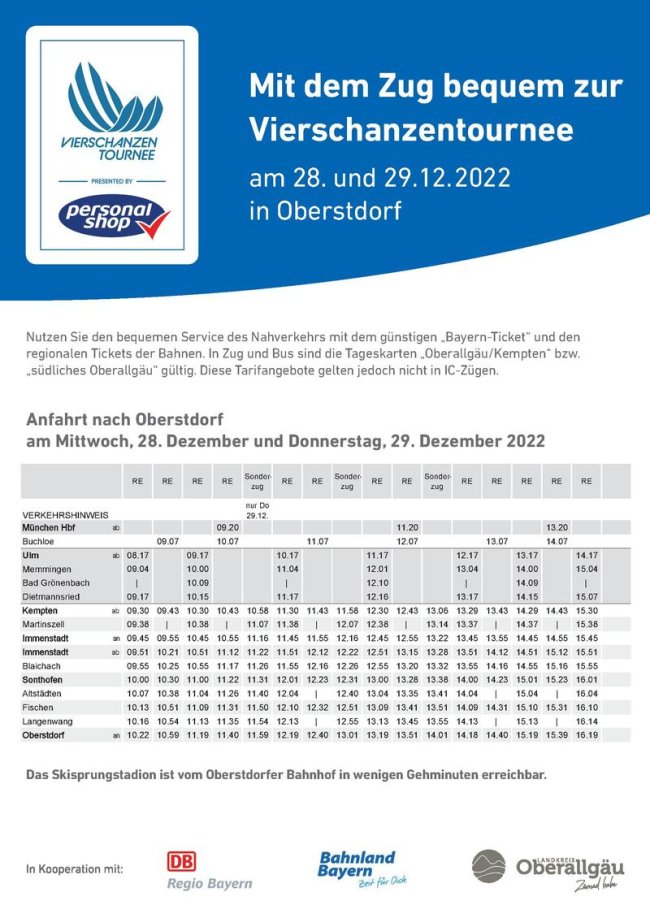 Sonderfahrplan Vierschanzentournee 2022 Zug