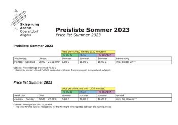 Preisliste Training Sommer 2023