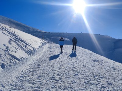 Zwei Menschen wandern eine verschneite Straße bei strahlendem Sonnenschein Wanderer im Schnee unter klarem Himmel