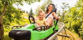 Eine Mutter und ihr Kind haben Spaß beim Rodeln auf einer Sommerbahn in der Natur mit Sonne und grünem Hintergrund.