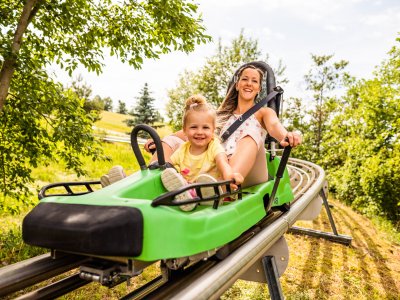 Eine Mutter und ihr Kind haben Spaß beim Rodeln auf einer Sommerbahn in der Natur mit Sonne und grünem Hintergrund.