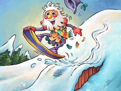 Wurzelrudi fährt mit einem Snowboard einen Hang hinunter.