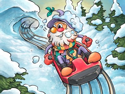 Wurzelrudi saust mit seinem Rodel durch den Schnee im Wald. Die Bäume sind mit Schnee bedeckt und die Sonne scheint.