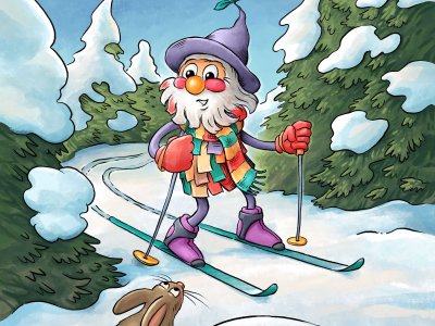 Wurzelrudi fährt Ski in einem verschneiten Wald. Ein Hase schaut neugierig aus dem Schnee.