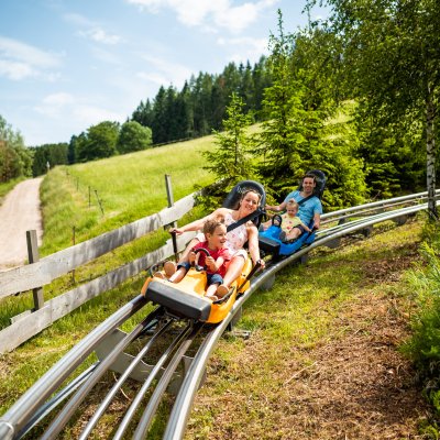 Eine Familie fährt mit einem Rodel auf der Sommerrodelbahn im Freien. Es ist ein sonniger Tag im Grünen.