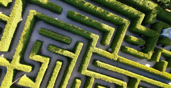 Ein Labyrinth aus hohen Hecken in einem Park In einem Park steht ein großes Labyrinth aus hohen Hecken. Menschen laufen durch die Wege und suchen den Ausgang.