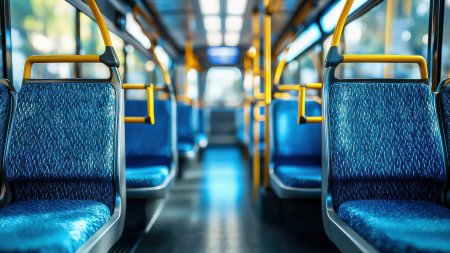 Der Bus fährt durch die Stadt. Die Sitze sind leer und der Innenraum ist ruhig. Es ist Tag und das Licht scheint herein.