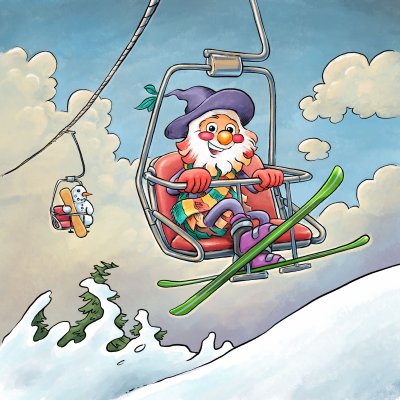 Ein Skifahrer mit einem bunten Outfit fährt mit dem Lift. Ein Schneemann sitzt im anderen Lift. Es ist bewölkt.