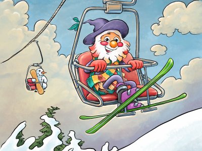Ein Skifahrer mit einem bunten Outfit fährt mit dem Lift. Ein Schneemann sitzt im anderen Lift. Es ist bewölkt.