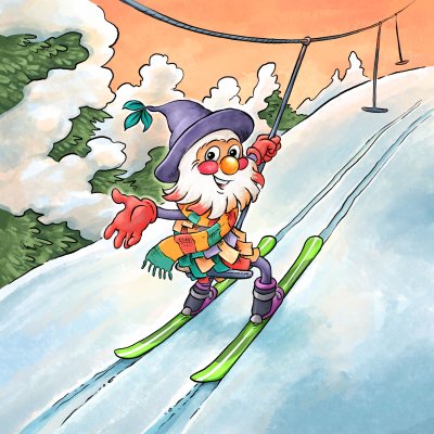 Ein fröhlicher Zwerg fährt Ski in den Bergen. Er hat einen bunten Schal und eine Mütze auf.