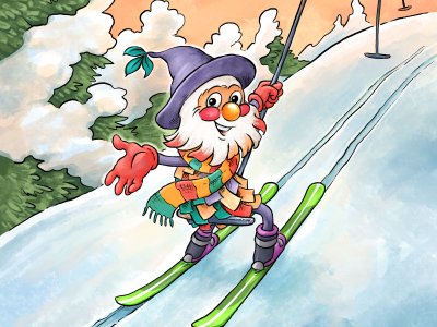 Ein fröhlicher Zwerg fährt Ski in den Bergen. Er hat einen bunten Schal und eine Mütze auf.